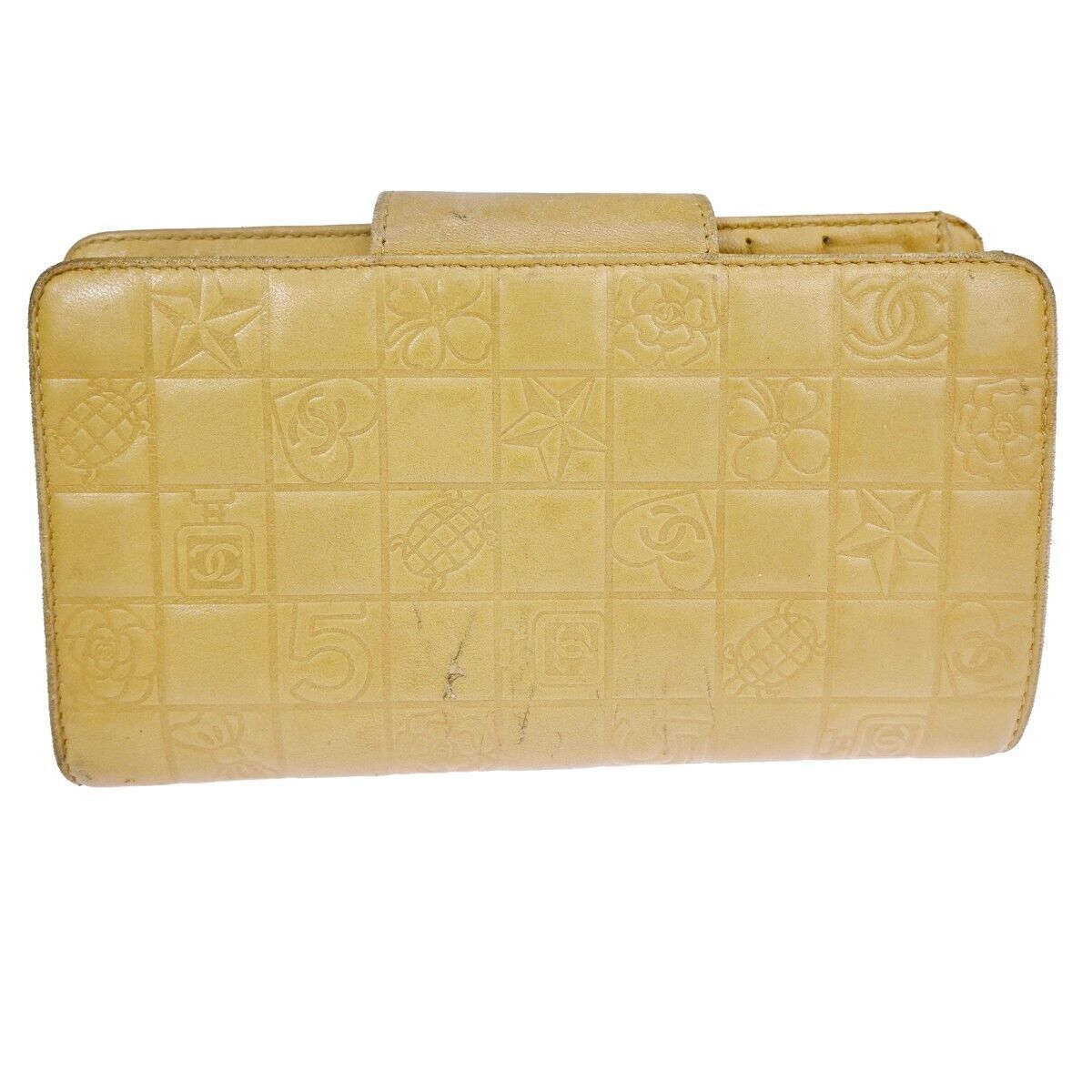 CHANEL CC Logo Icon Long Bifold Wallet  Purse Leather Beige SHW Italy 68EA127