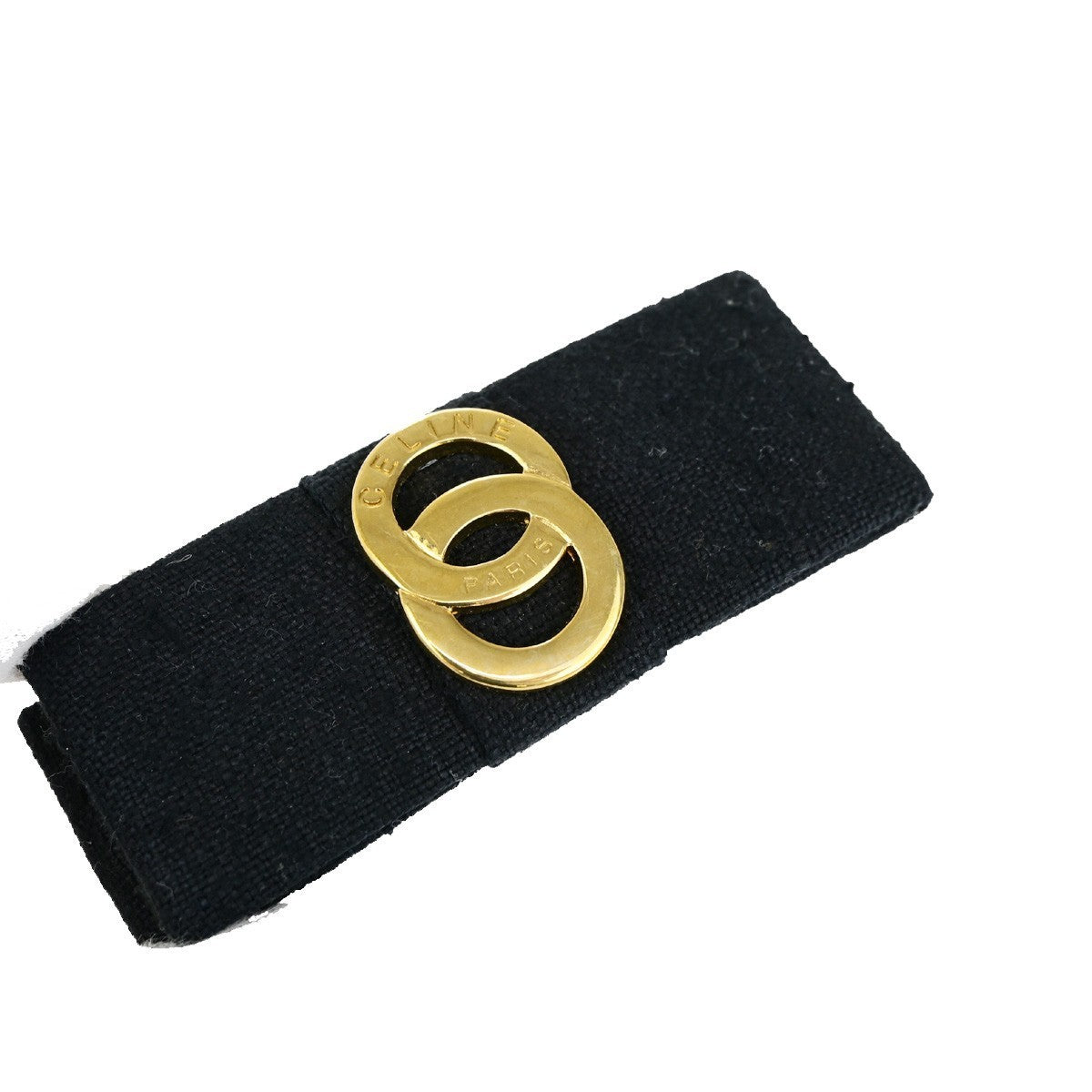 CELINE Logo Double Circle Ribbon Hair Clip Barrette Canvas Black GHW 09KB604