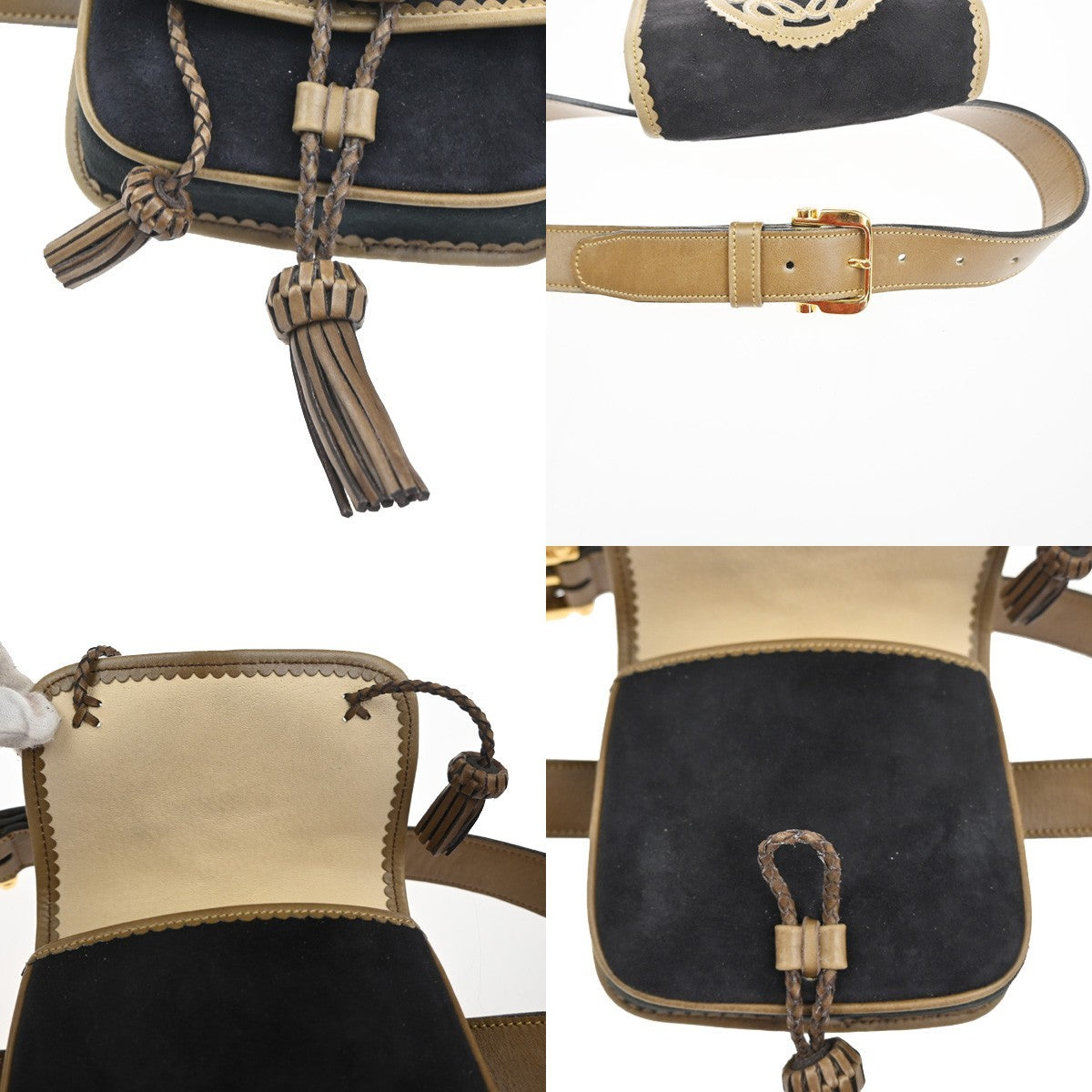 LOEWE Logo Anagram Tassel Bum Bag Size75 Suede Leather Black Beige GHW 34MA439