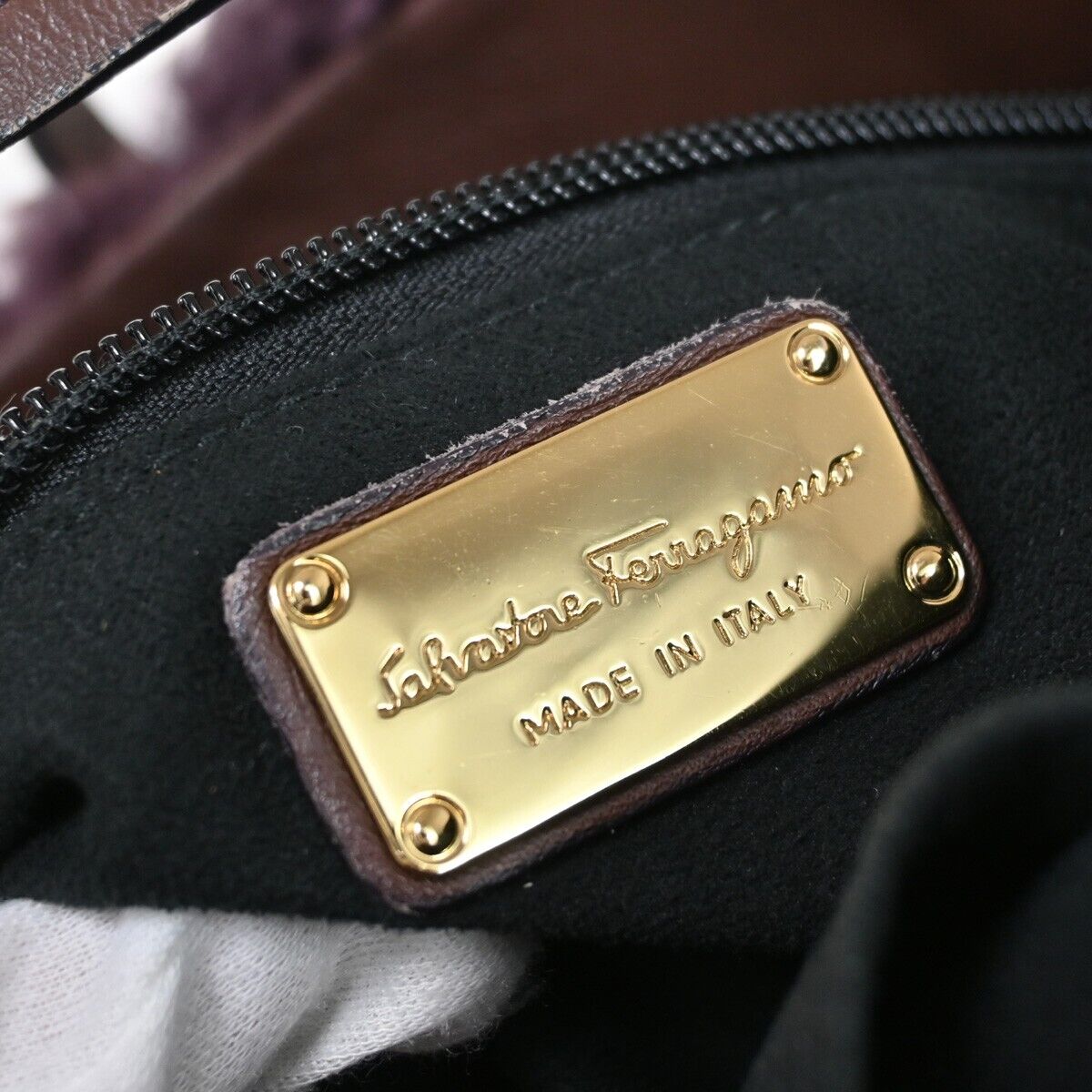 SALVATORE FERRAGAMO Logo Gancini Hand Bag Fur Leather Purple GHW Italy 09YD551