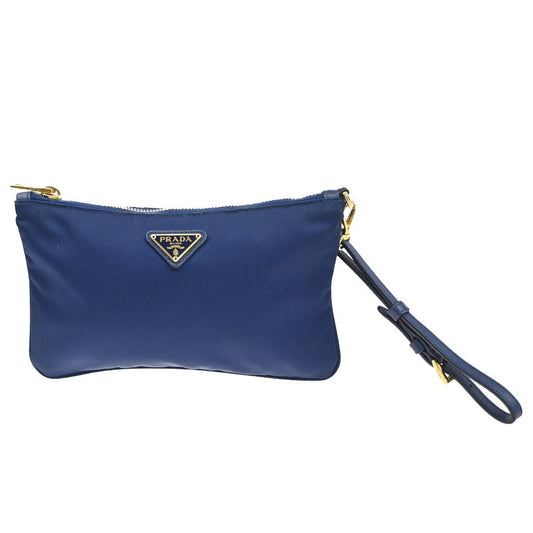 PRADA Zipper Pouch Bag Tessuto Nylon Leather Blue Italy GHW 05CA458