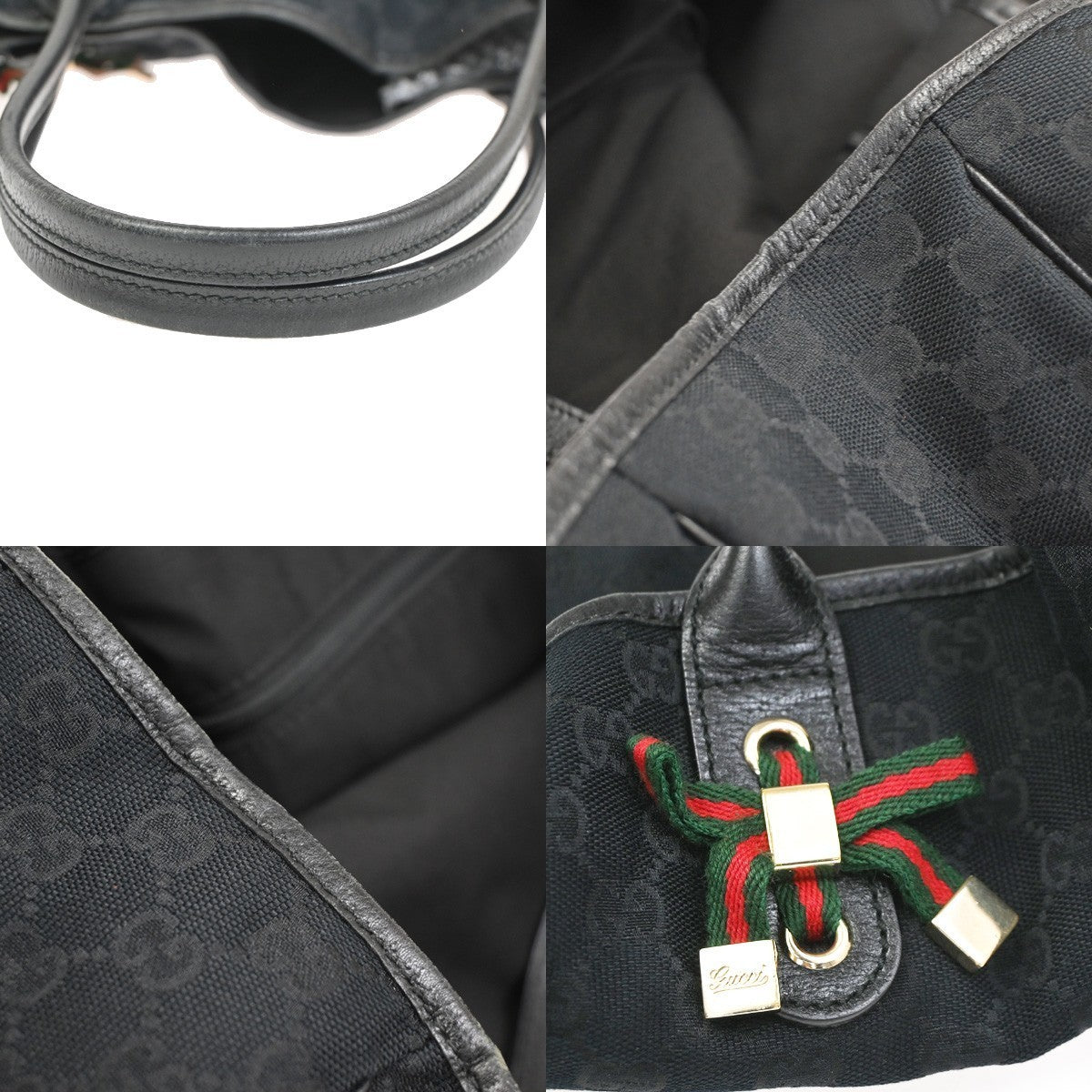 GUCCI GG Sherry Web Bow Shoulder Tote Bag Leather Canvas Black 72CB029