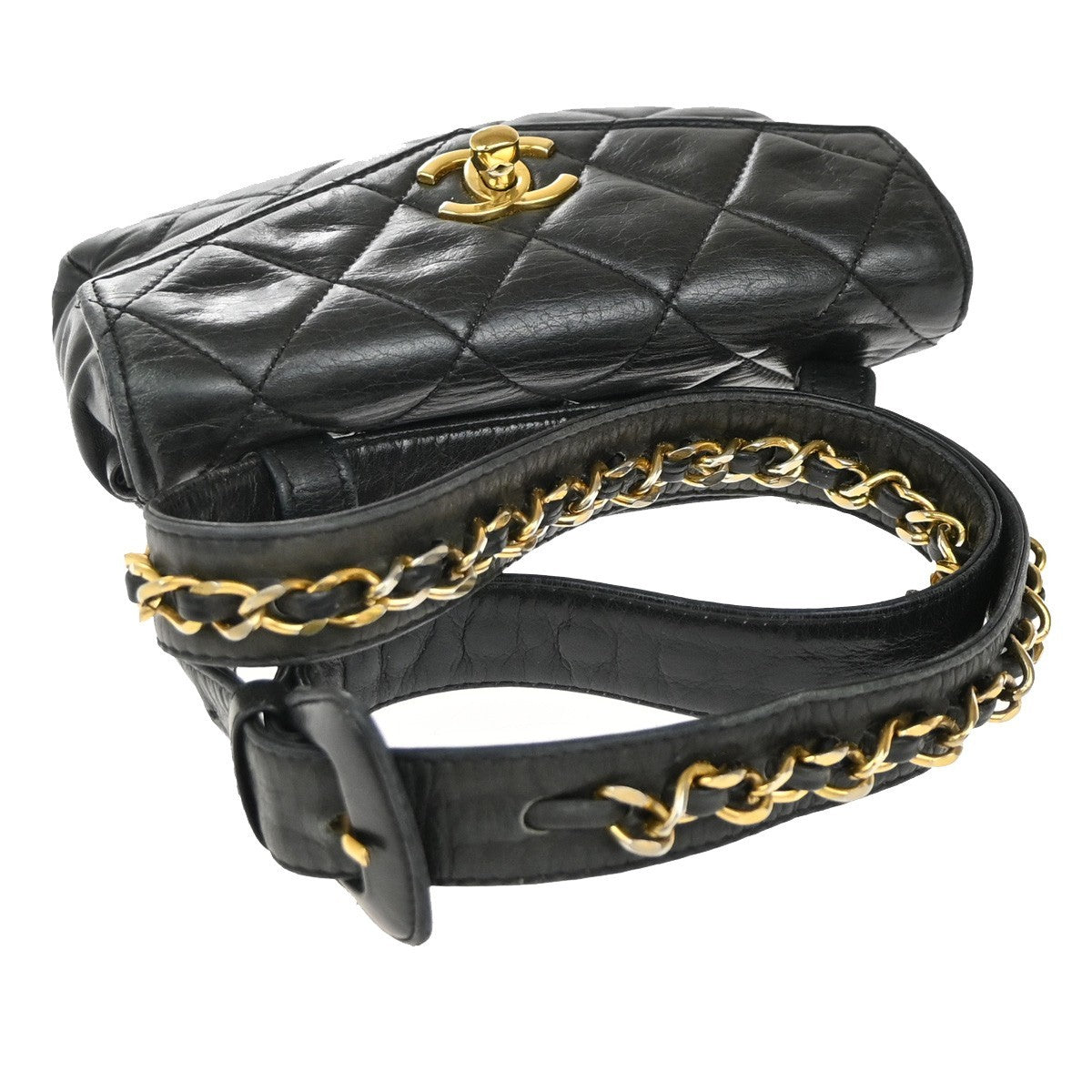 CHANEL CC Logo Matelasse Chain Belt Body Bum Bag Leather Black 19RF729