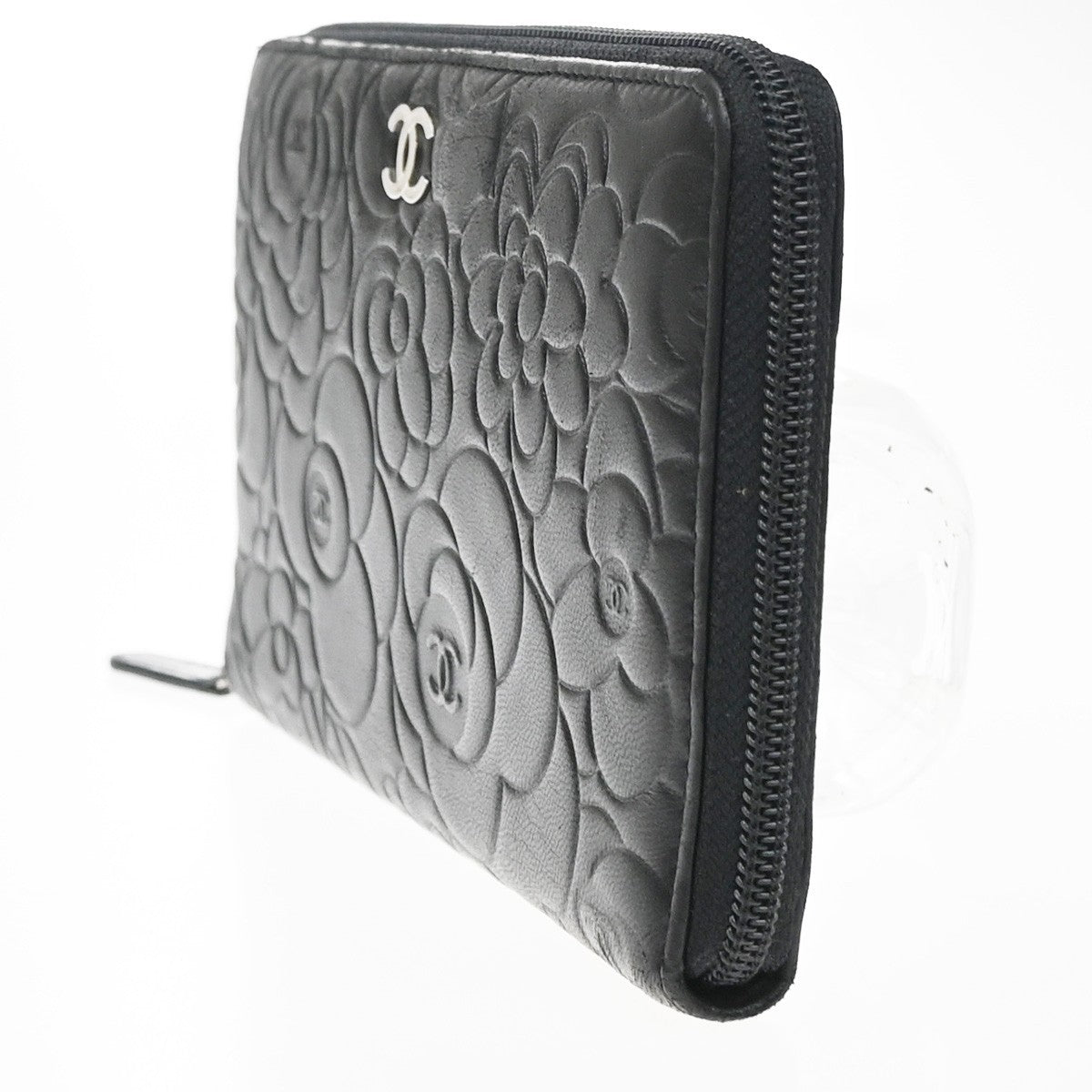 CHANEL CC Logo Camellia Long Zip Around Wallet Purse Leather Black SHW 85RQ019