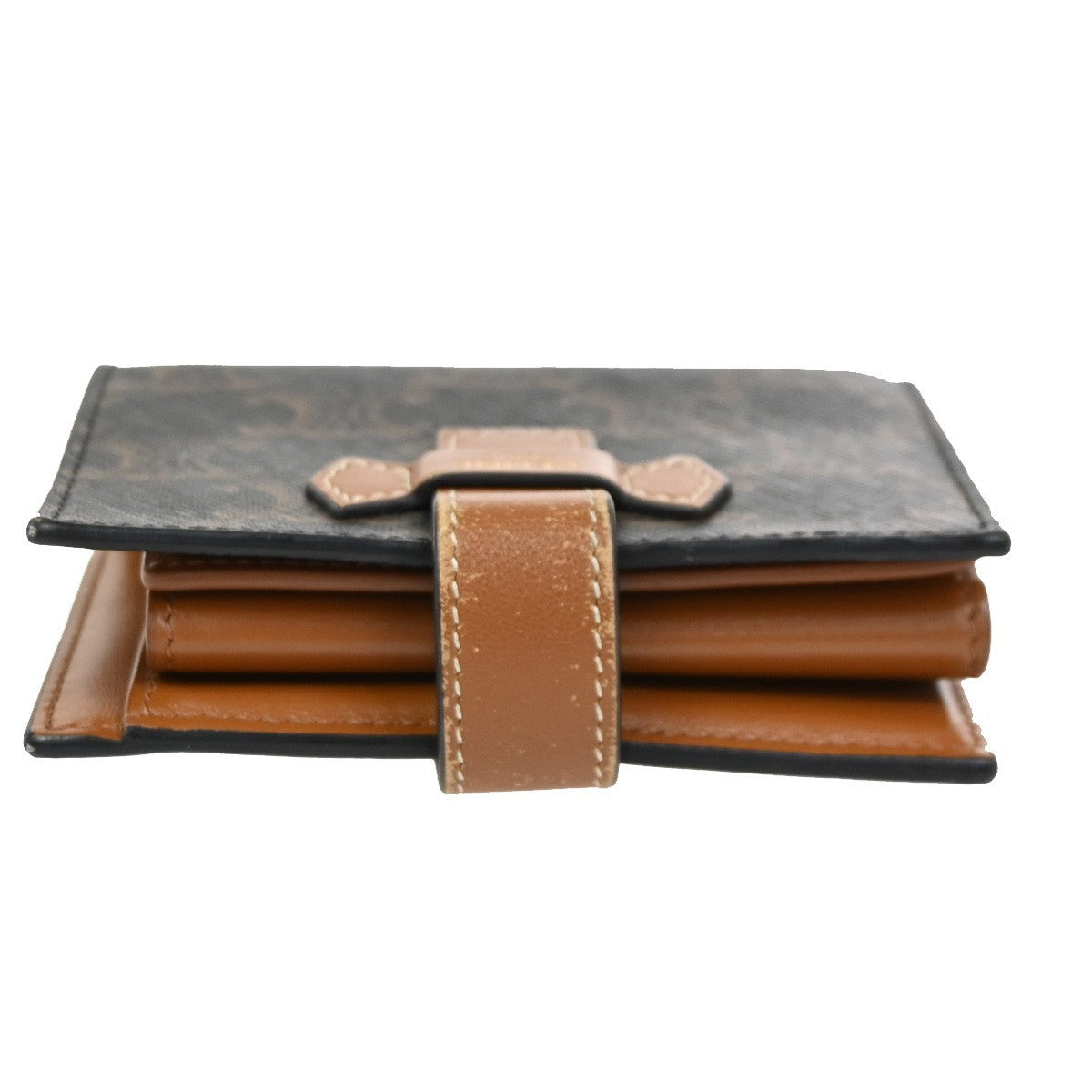 CELINE Strap Bifold Wallet Purse Triomphe Canvas Leather Brown BK Italy 65KC629