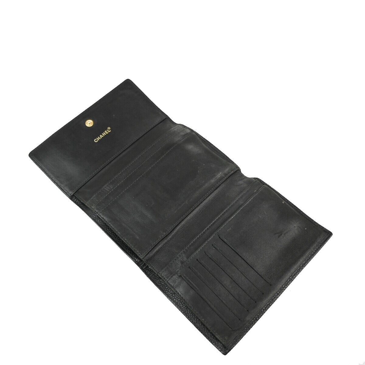 CHANEL CC Logo Trifold Wallet Purse Caviar Skin Leather Black GHW 02EA898