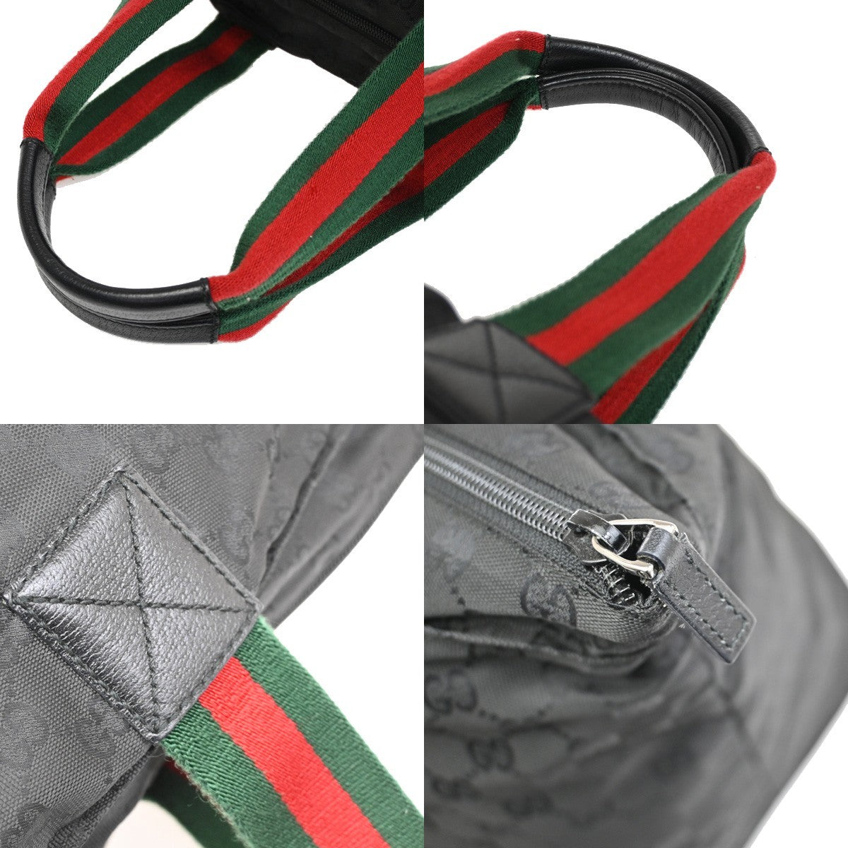 GUCCI Logo GG Sherry Tote Hand Bag Nylon Leather  Black SHW Italy 64CA244