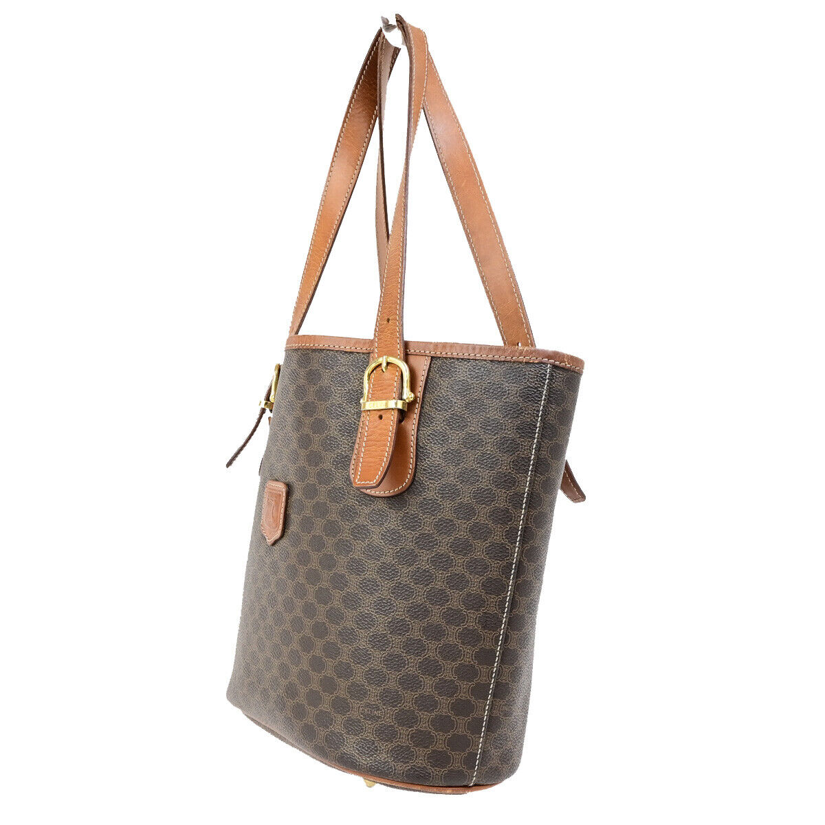 CELINE Logo Macadam Pattern Shoulder Tote Bag PVC Leather Brown GHW 67YG537