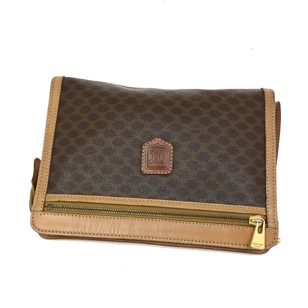 30.Live CELINE Macadam Pattern Clutch Pouch Bag PVC Leather Brown Italy 09KB626