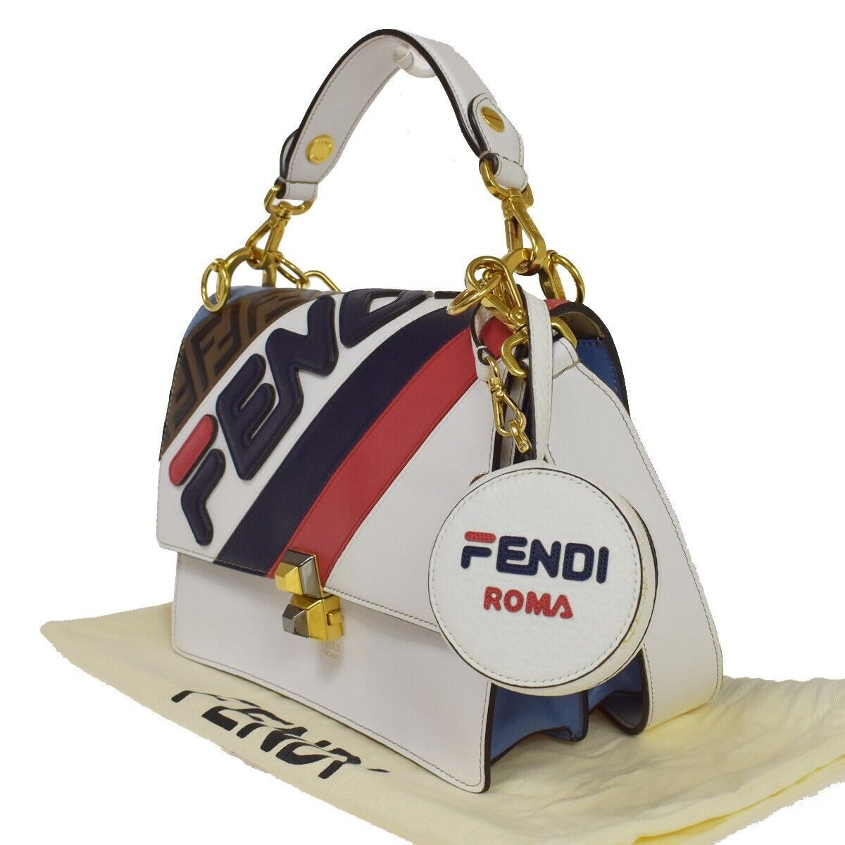 FENDI x FILA Collaboration 2Way Hand Bag Zucca Leather Brown White Blue 661RC614