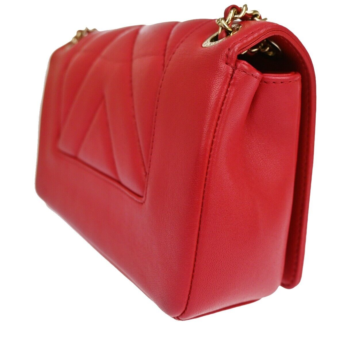 CHANEL CC Logo V Stitch Double Flap Chain Shoulder Bag Leather Red GHW 804RJ284
