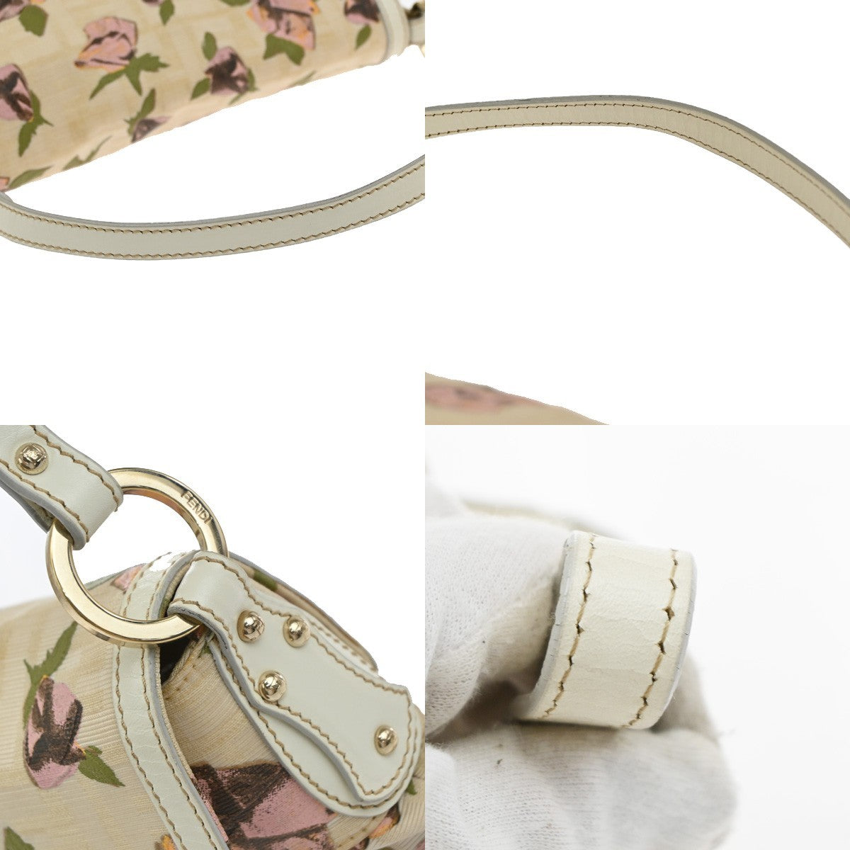 FENDI Logo Zucca Pattern Flower Hand Bag Canvas Leather Beige Pink Italy 88KB429