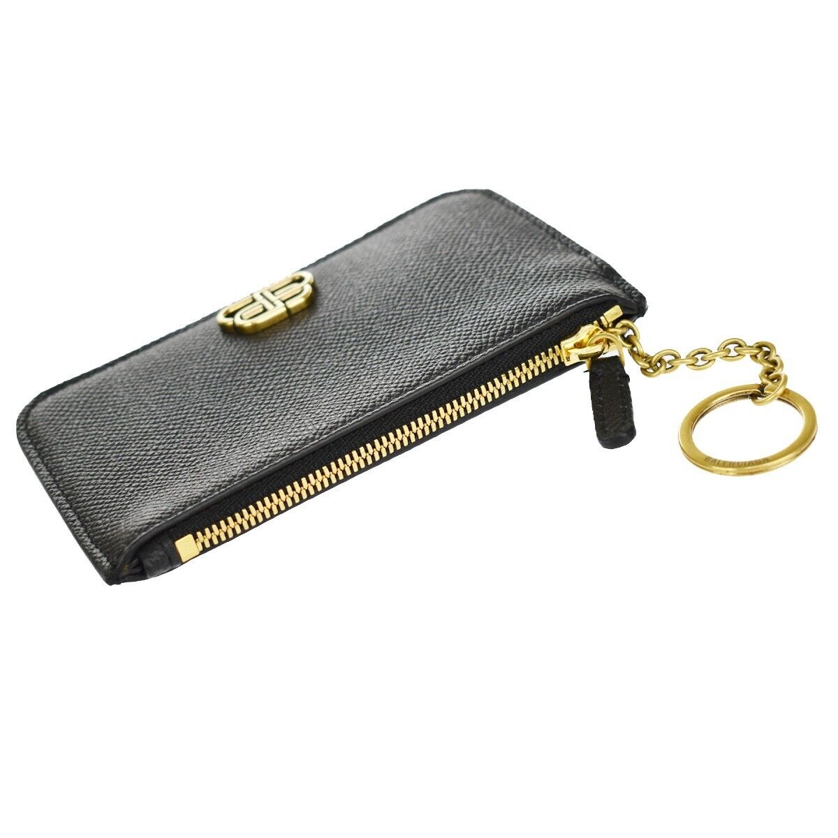 BALENCIAGA BB Logo Coin Wallet Purse Key Ring Leather Black Gold Italy 65RH003
