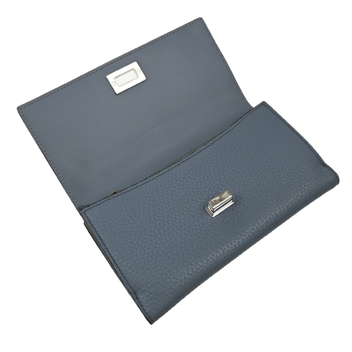 FENDI Logo Peekaboo Long Bifold Wallet Leather Blue SHW Italy 30RP099