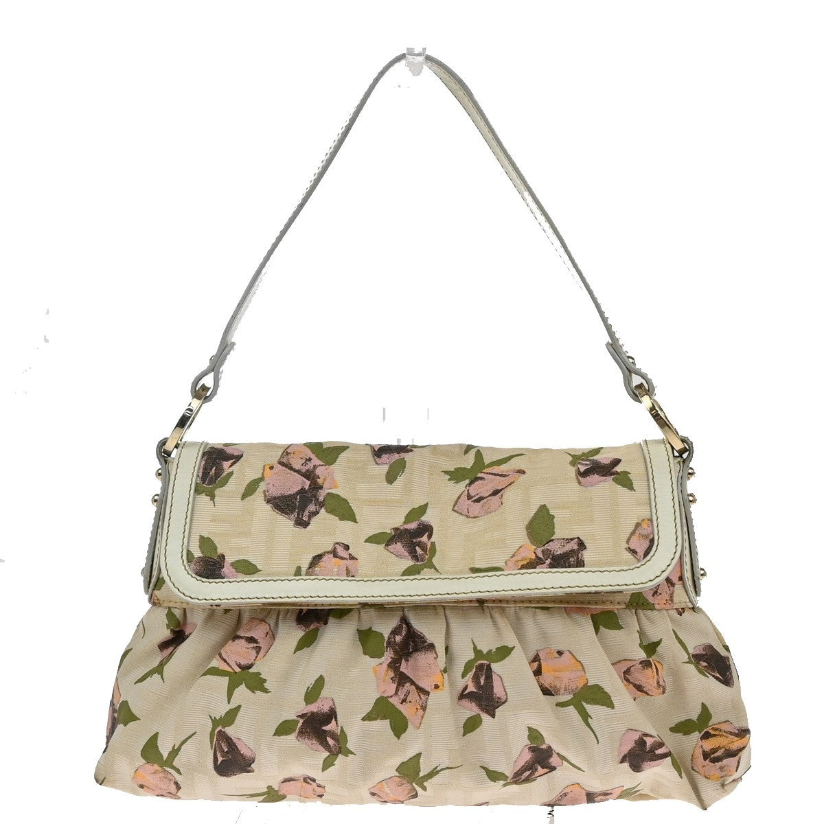 FENDI Logo Zucca Pattern Flower Hand Bag Canvas Leather Beige Pink Italy 88KB429
