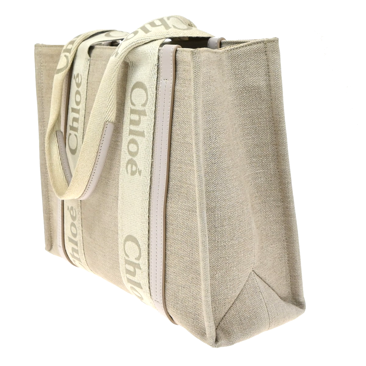 CHLOE Logo Woody Medium Shoulder Tote Bagi Linen Leather Beige Italy 84YJ242