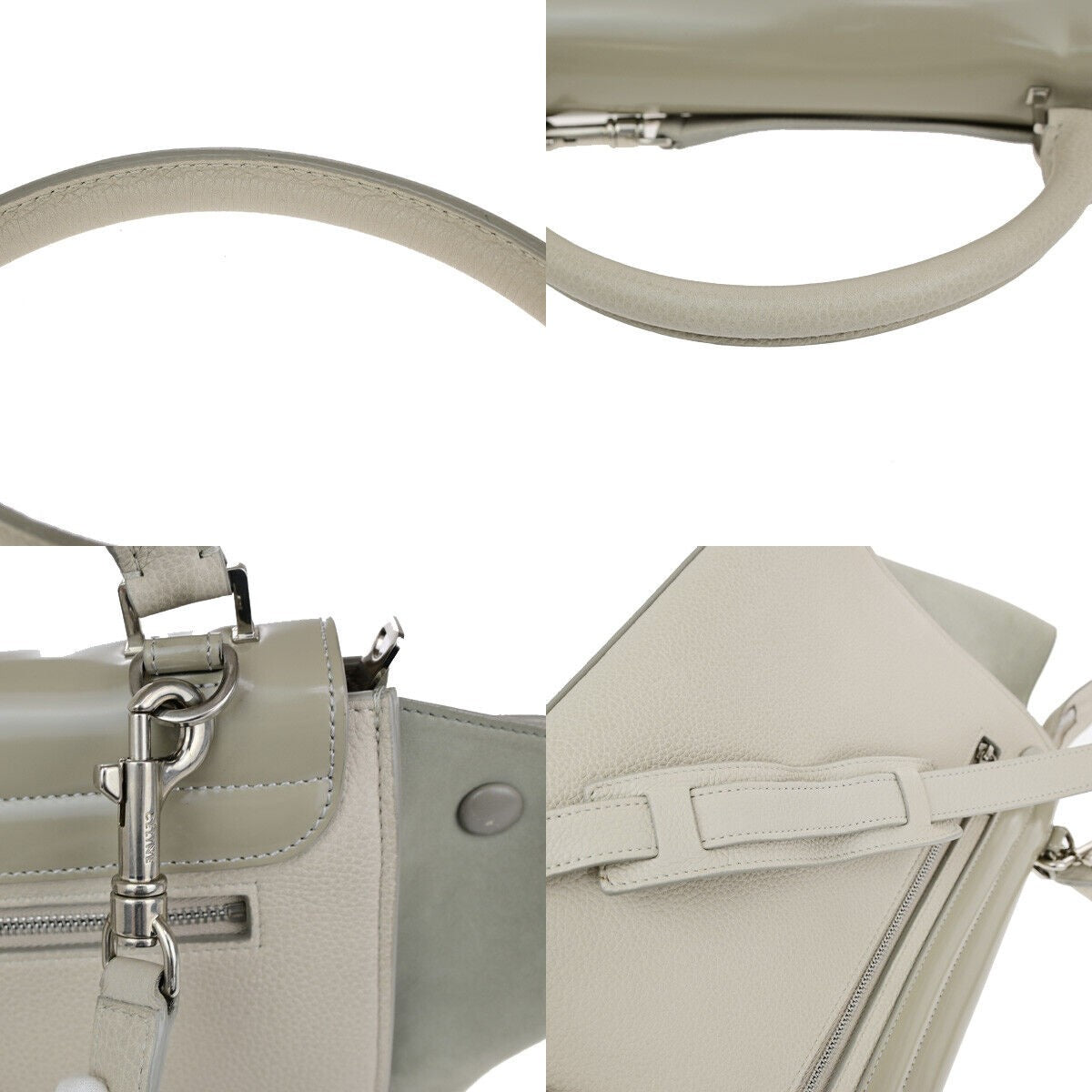 CELINE Logo Trapeze 2Way Shoulder Hand Bag Suede Patent Leather Beige 83YF548