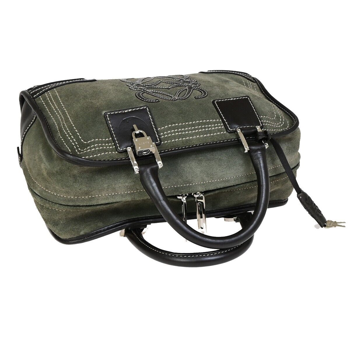 LOEWE Logo Anagram Amazona 28 Hand Bag Suede Leather Green Brown Spain 87FB191