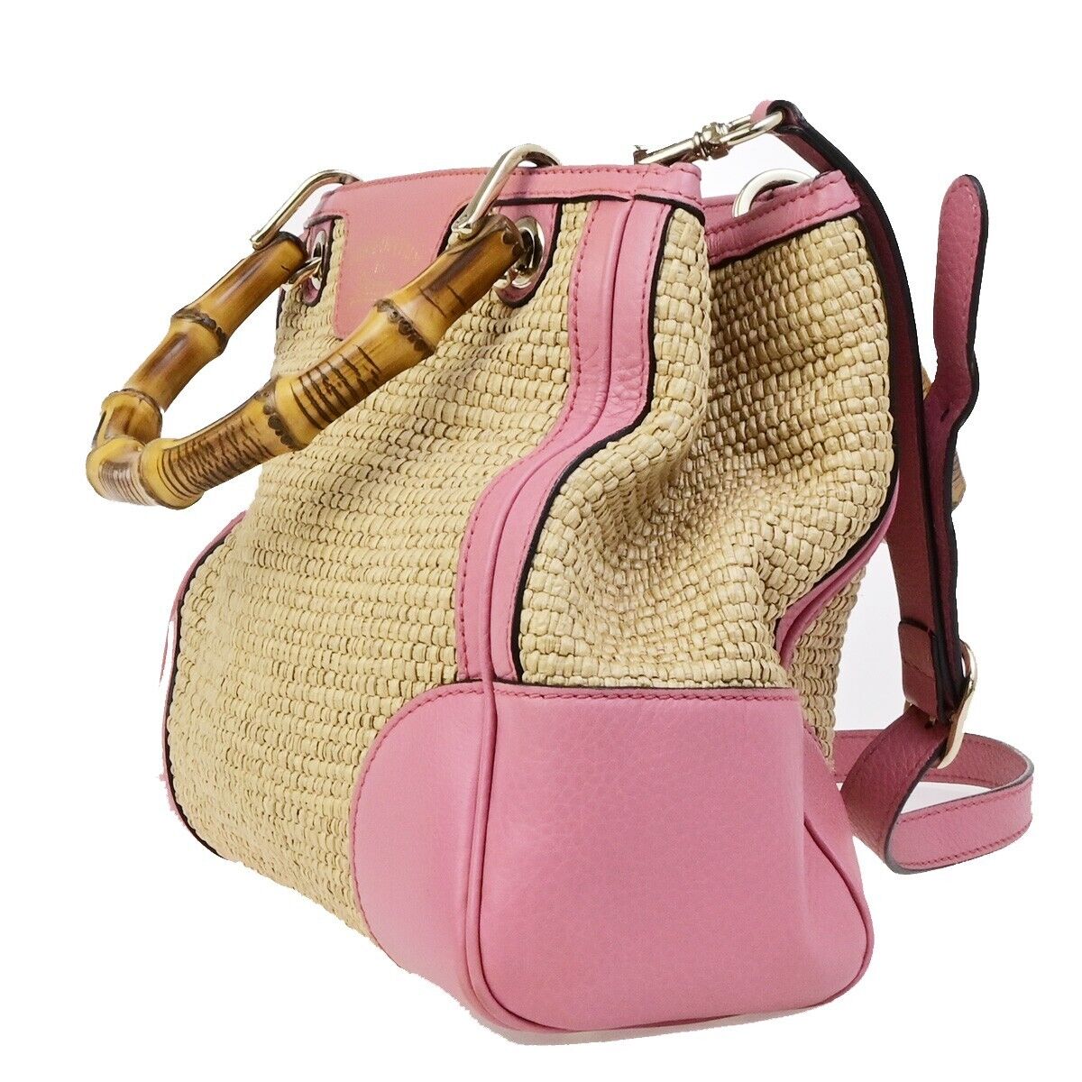 GUCCI Bamboo Shopper 2Way Shoulder Hand Bag Raffia Leather Pink Brown 84ED384