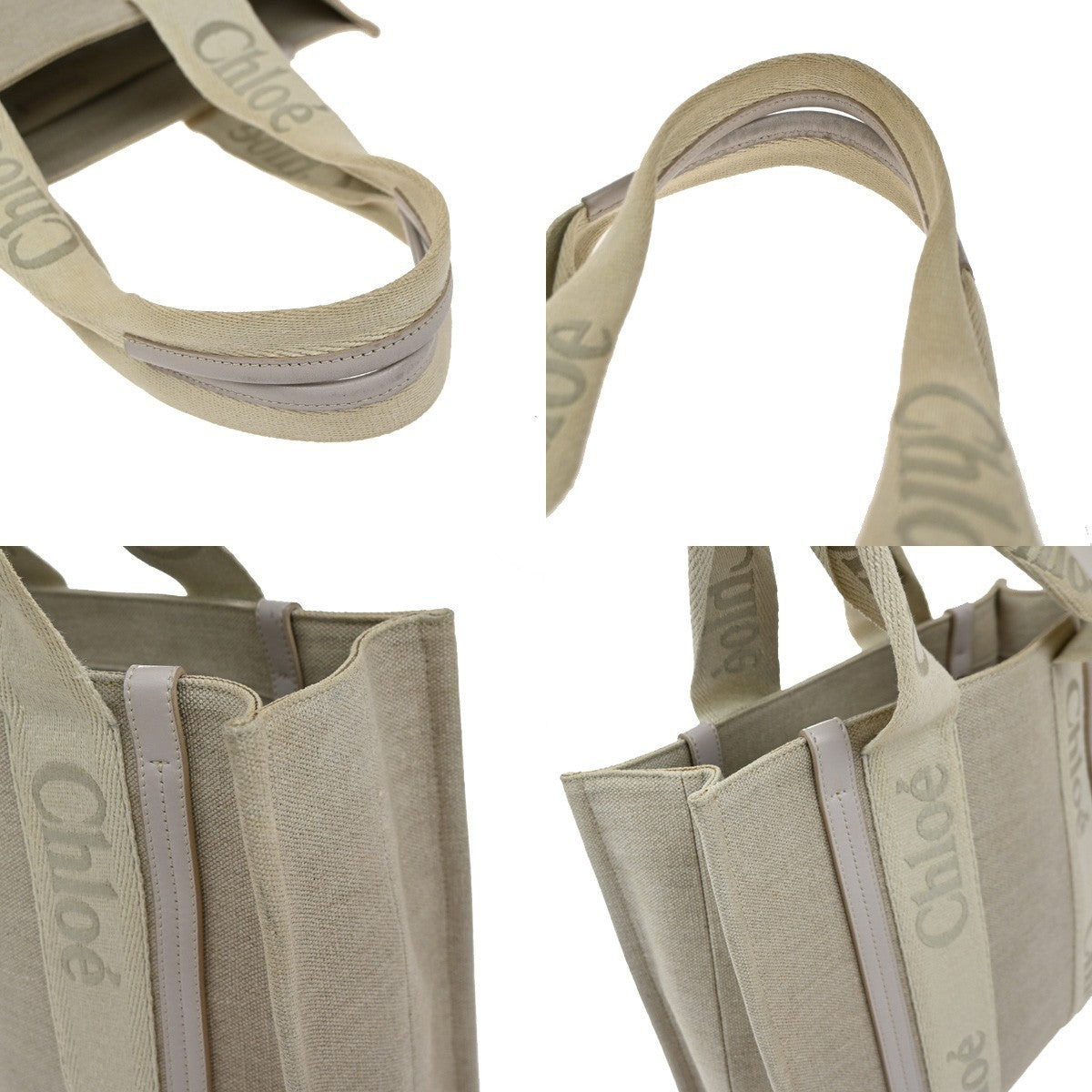 CHLOE Logo Woody Medium Shoulder Tote Bagi Linen Leather Beige Italy 84YJ242