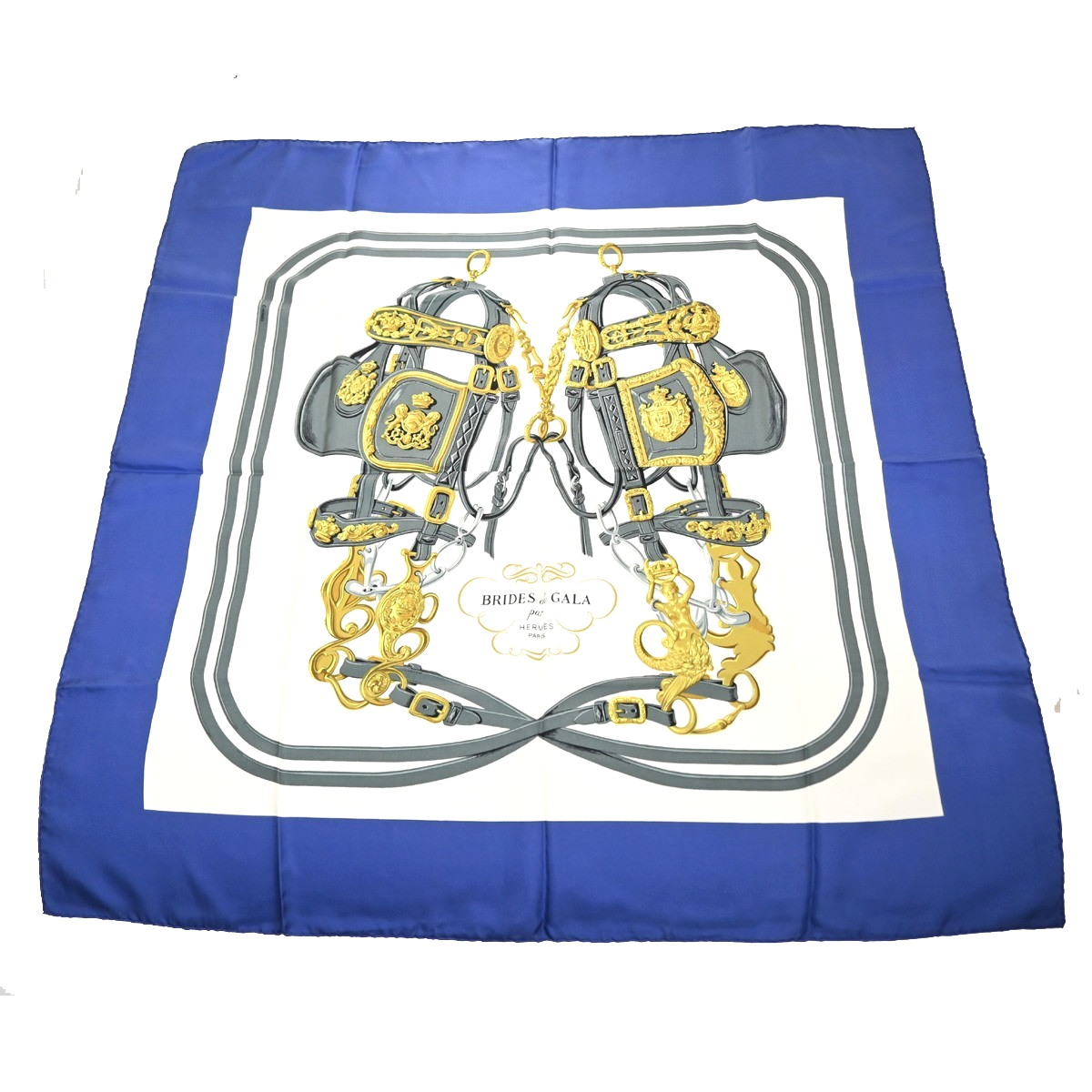 HERMES Logo Carre Scarf 90  " BRIDES de GALA " 100% Silk Blue France 63YJ113