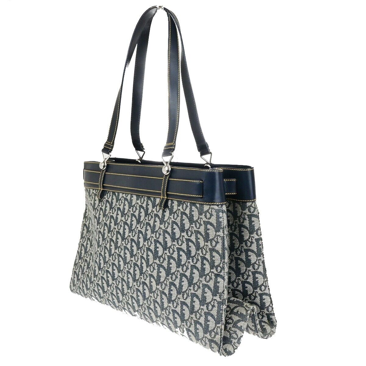 CHRISTIAN DIOR Trotter Pattern Shoulder Bag Canvas Leather Navy Blue 77ED282