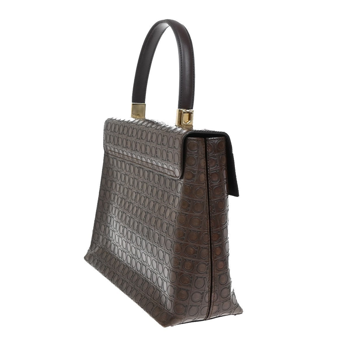 SALVATORE FERRAGAMO Logo Gancini Hand Bag Embossing Leather Brown GHW 31KA784