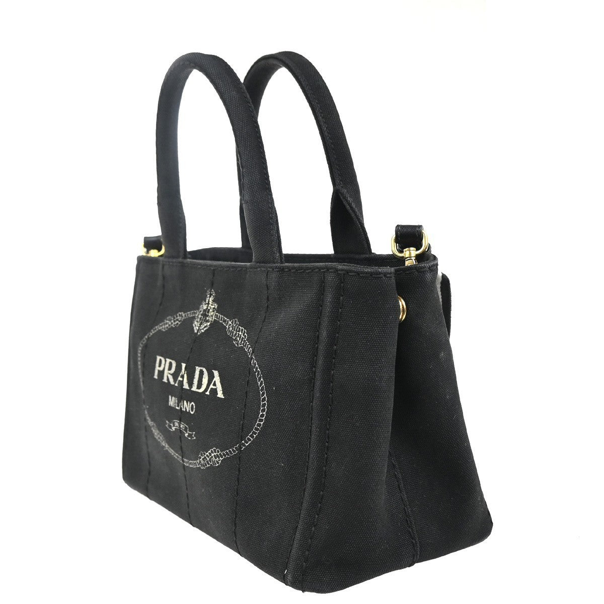 PRADA Logo Canapa 2way Shoulder Hand Bag Canvas Leather Black GHW 84MA216