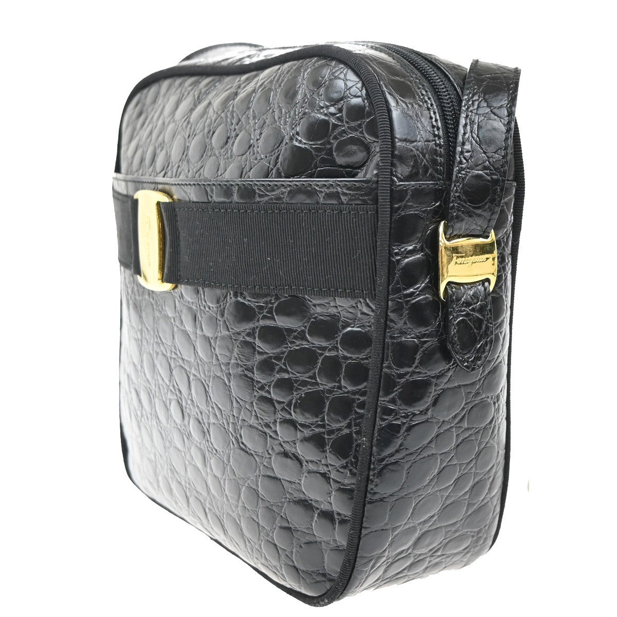 SALVATORE FERRAGAMO Logo Vara Shoulder Bag Embossing Leather Black GHW 32MA372