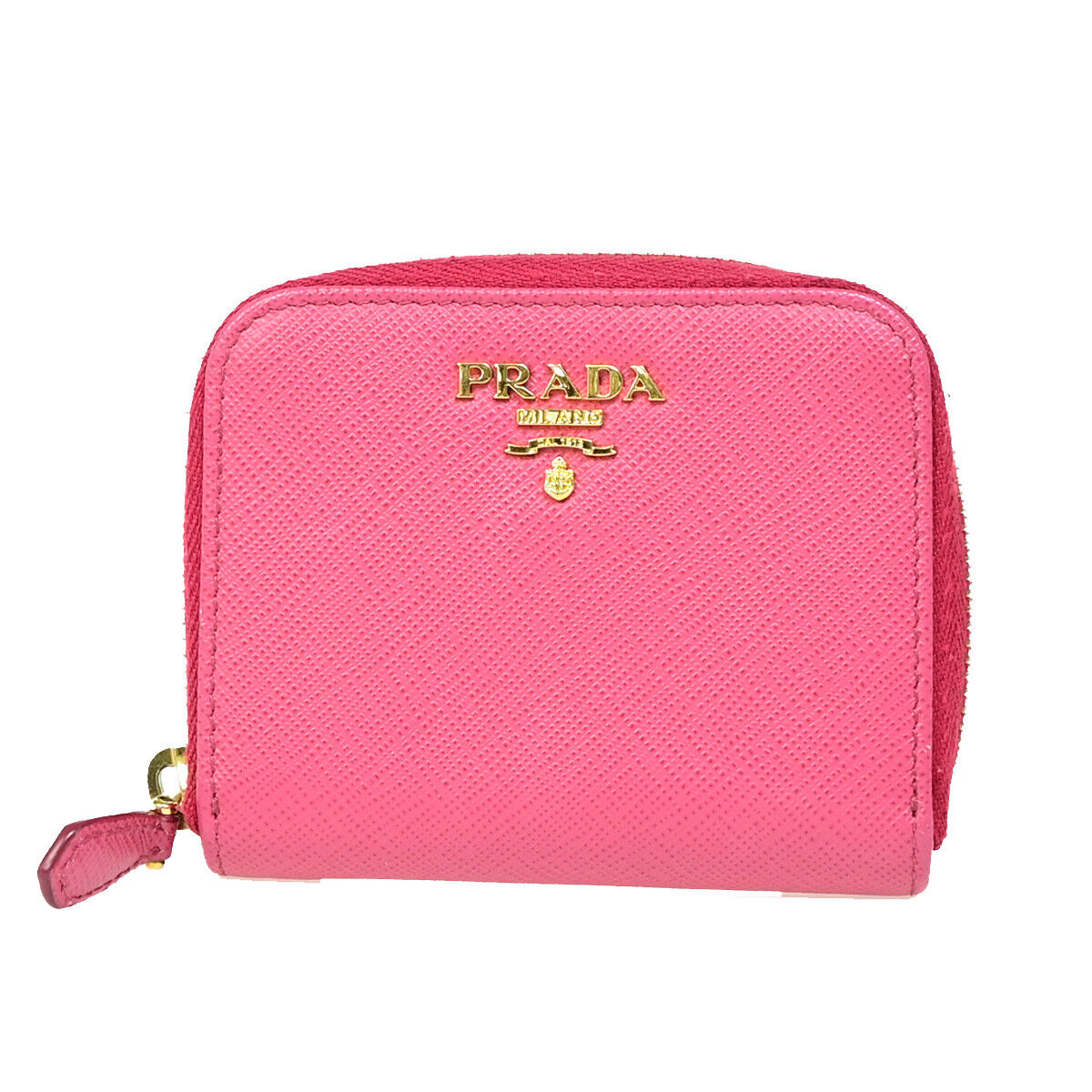 PRADA Logo Saffiano Mini Zipper Around Wallet Leather Pink GHW Italy 38YE697