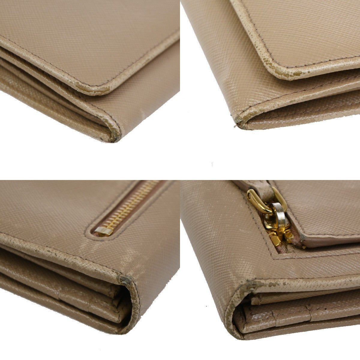 PRADA Logo Long Bi-Fold Wallet Saffiano Leather Beige Gold Italy 01TA298