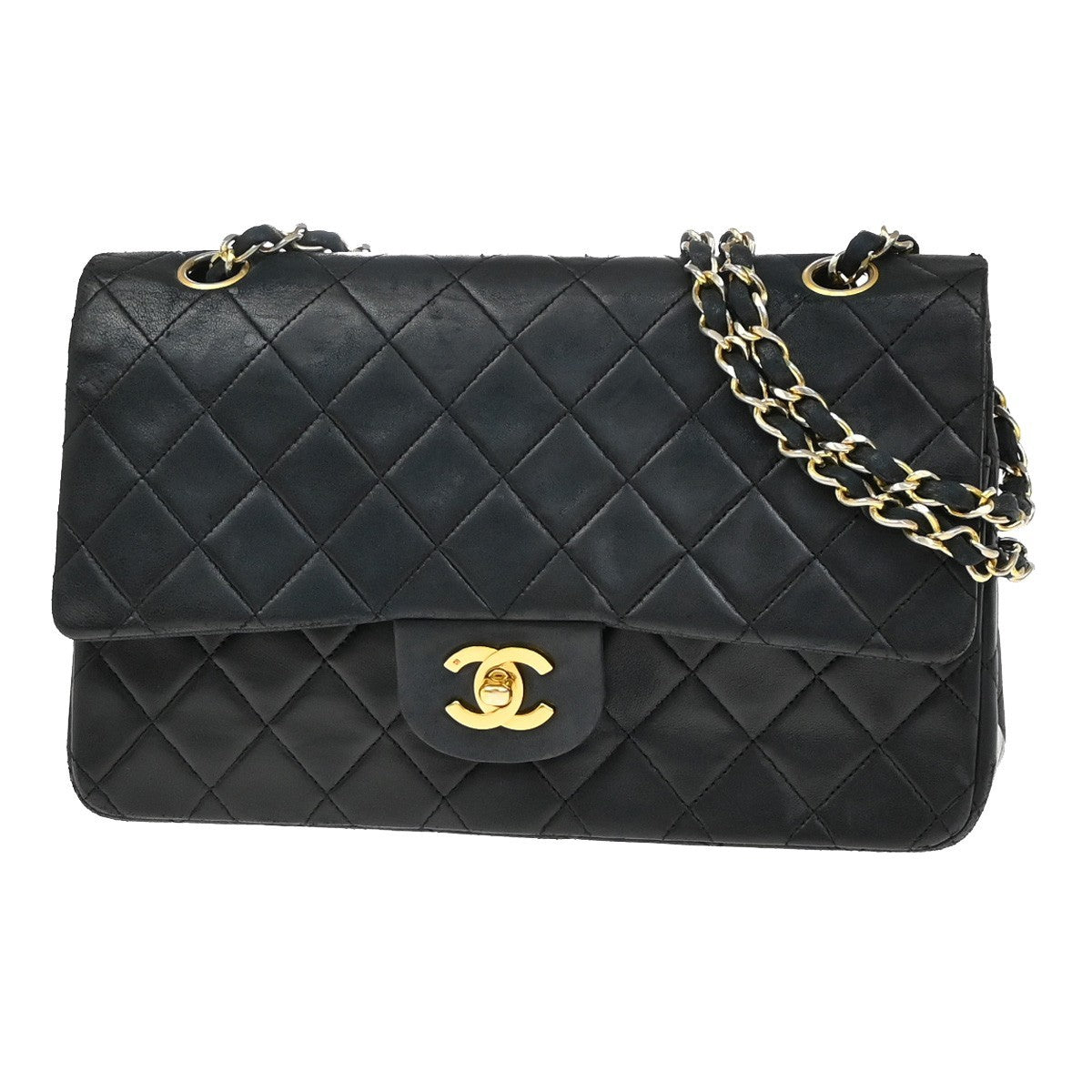 CHANEL Matelasse 25 Double Flap Chain Shoulder Bag Leather BK Vintage 330RF658