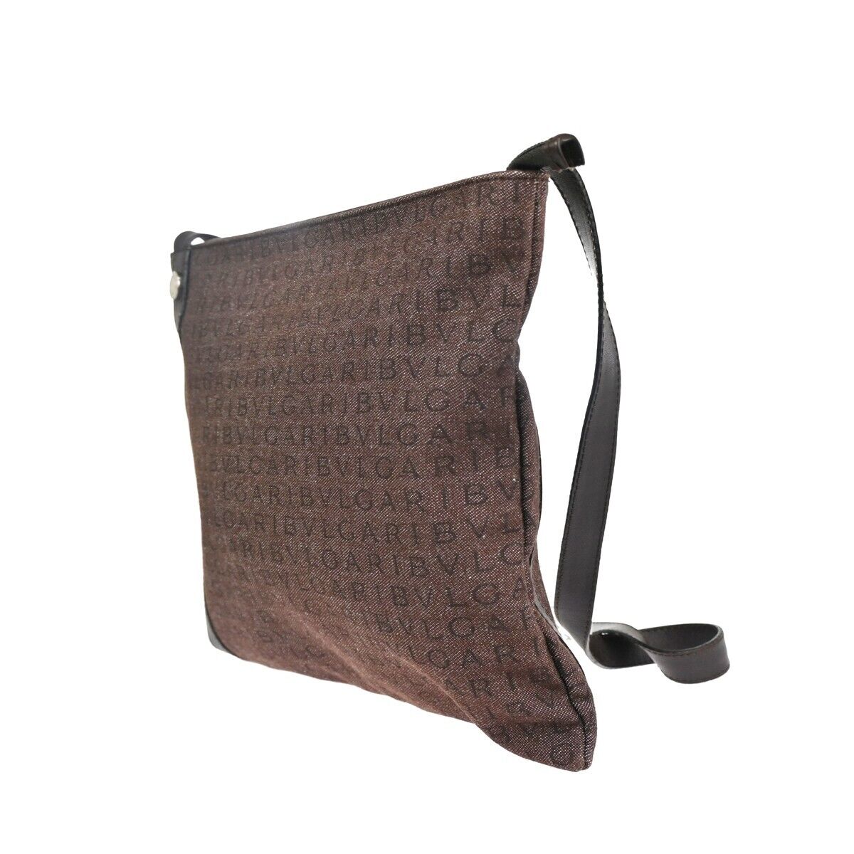 BVLGARI Logo MANIA Crossbody Shoulder Bag Canvas Leather Brown Silver 68DA075