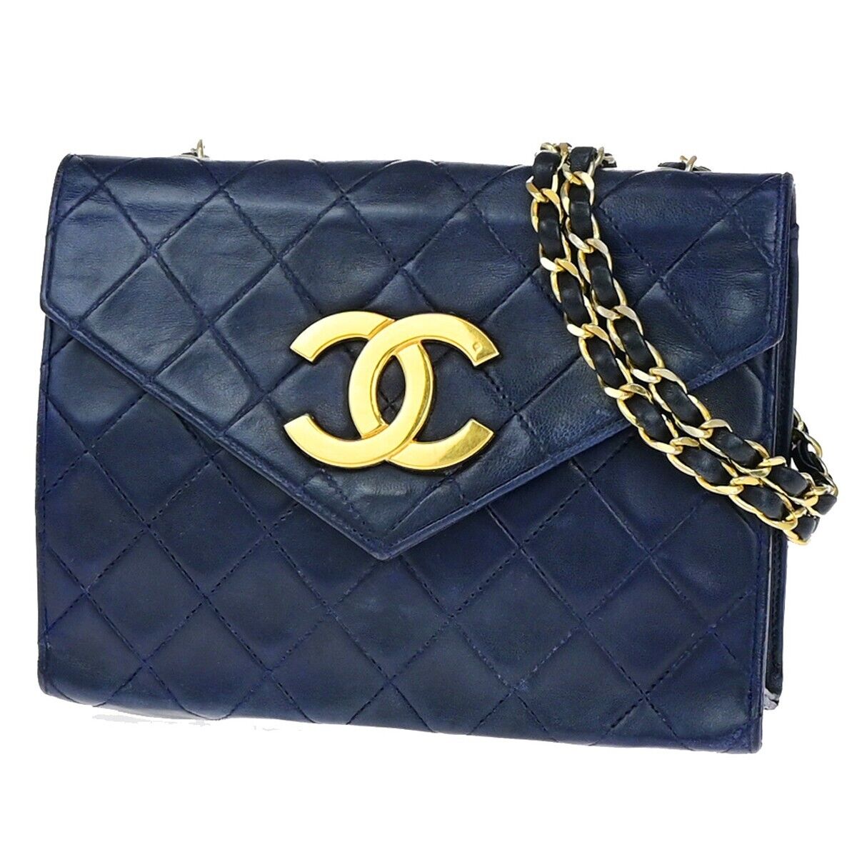CHANEL CC Mini Matelasse Chain Shoulder Bag Leather Navy Blue Vintage 674RK667