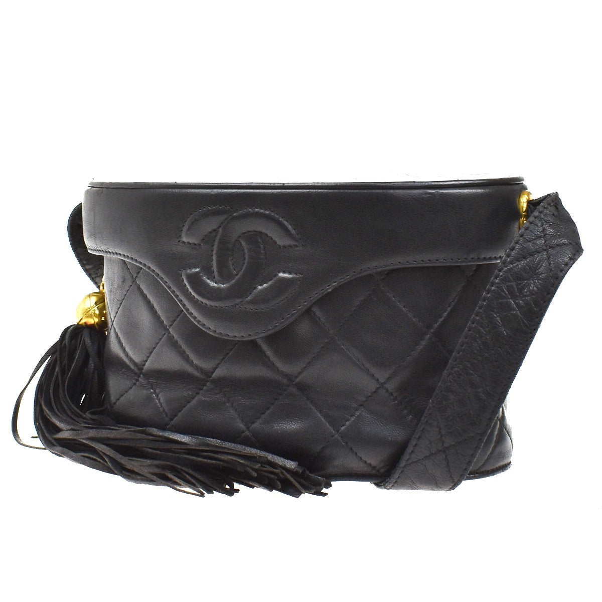 CHANEL CC Logo Matelasse Tassel Shoulder Vanity Bag Leather Black Italy 95KB241