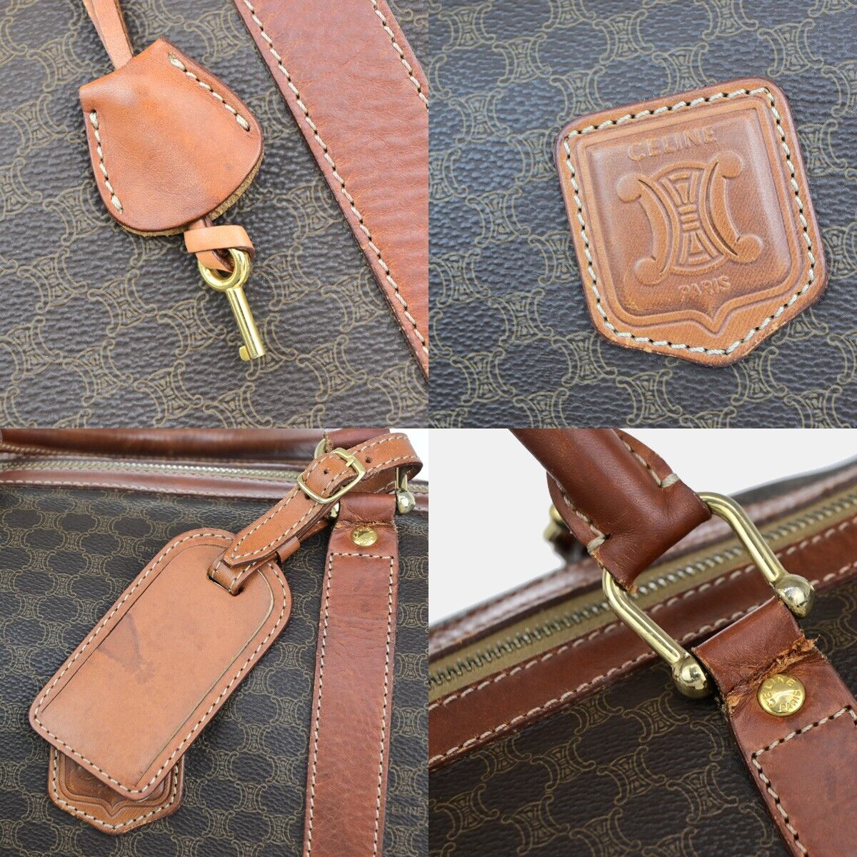 CELINE Macadam Pattern Travel Hand Bag PVC Leather Brown Gold Italy 64EB372