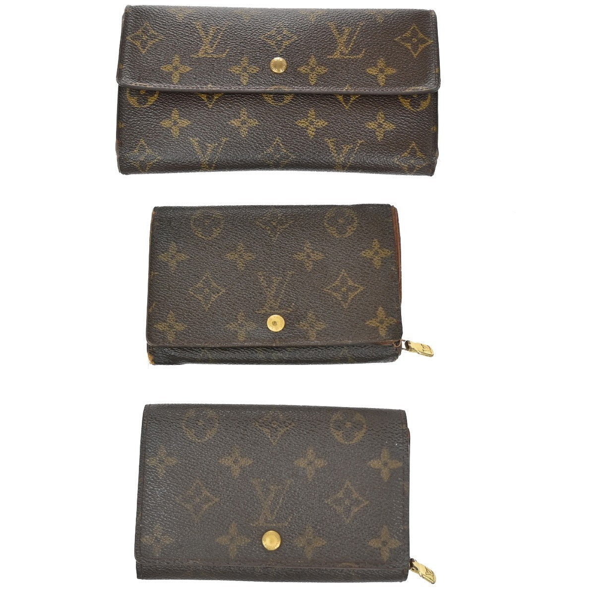 LOUIS VUITTON LV Logo 3 Set Bifold Trifold Wallet Monogram Leather Brown 63EG031