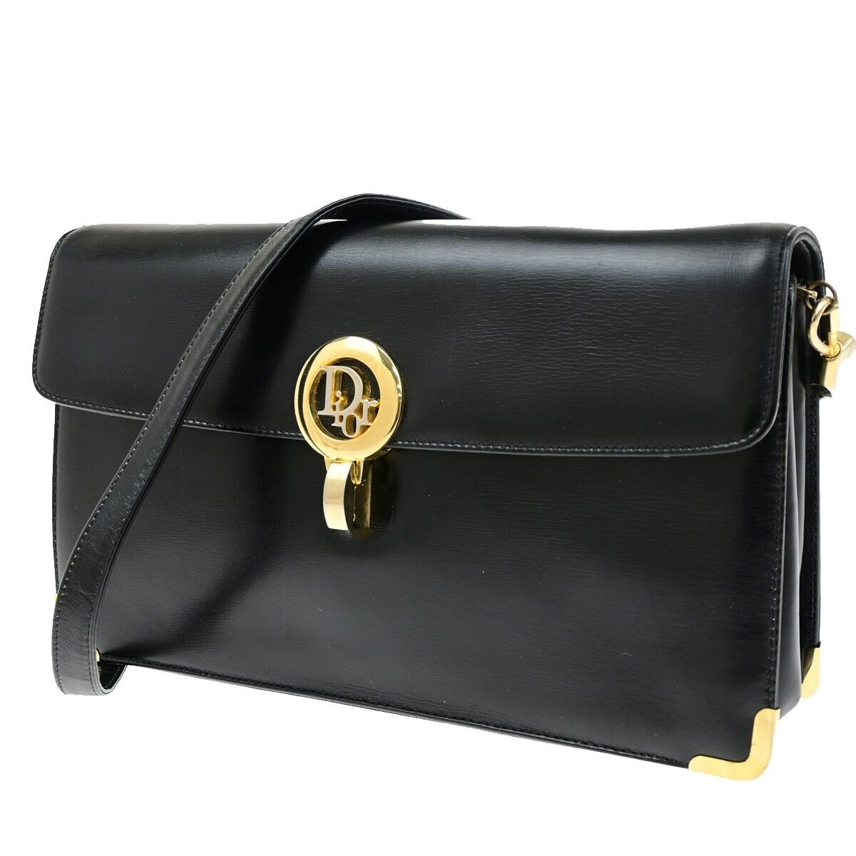 CHRISTIAN DIOR Logo Shoulder Bag Leather Black GHW 33ED426
