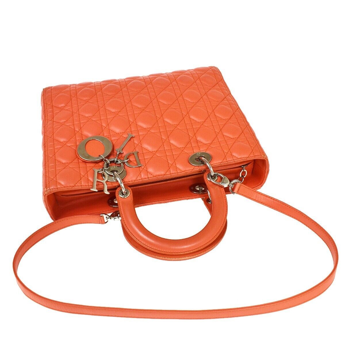 CHRISTIAN DIOR Logo Lady Cannage 2Way Shoulder Hand Bag Leather Orange 691RC569