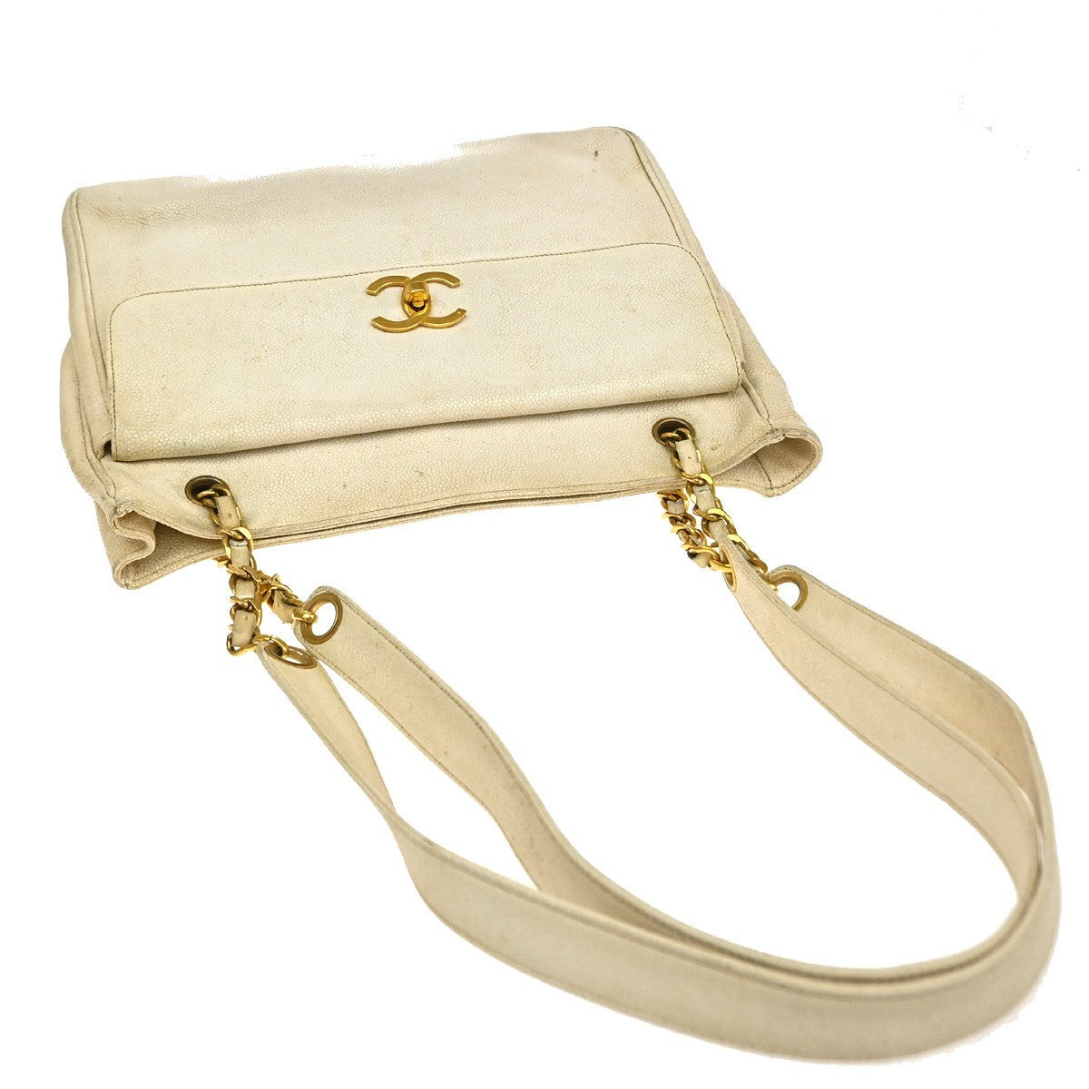 CHANEL CC Shoulder Bag Grained Calfskin Leather White GHW Vintage 12RP179