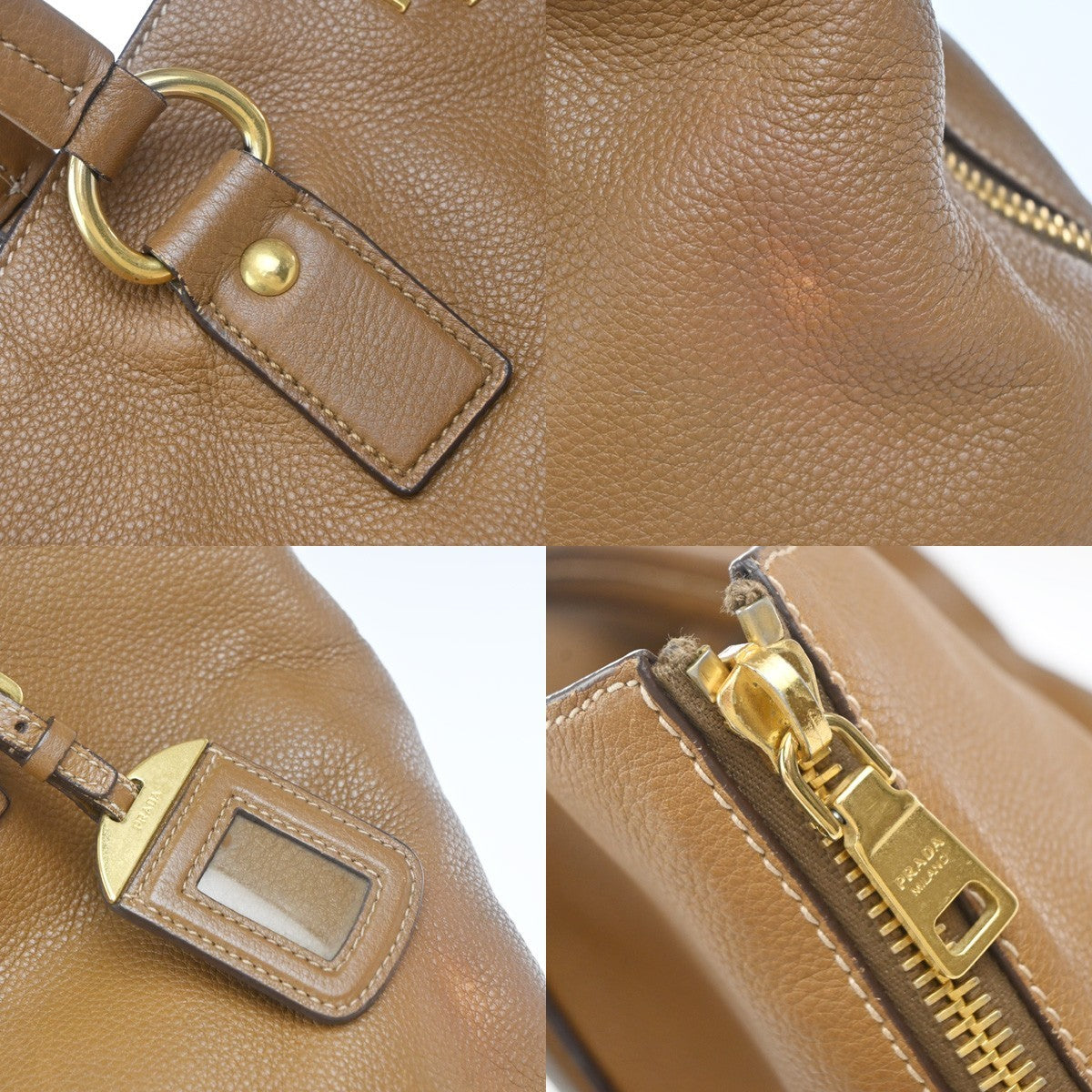 PRADA Logo Side Zip Shoulder Hand Tote Bag Leather Brown GHW 21KP487