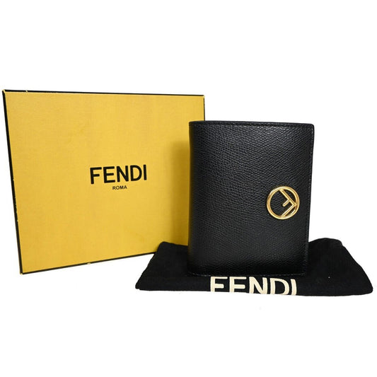FENDI F Logo Bifold Wallet Purse Embossing Leather Black Gold Italy 32EA222