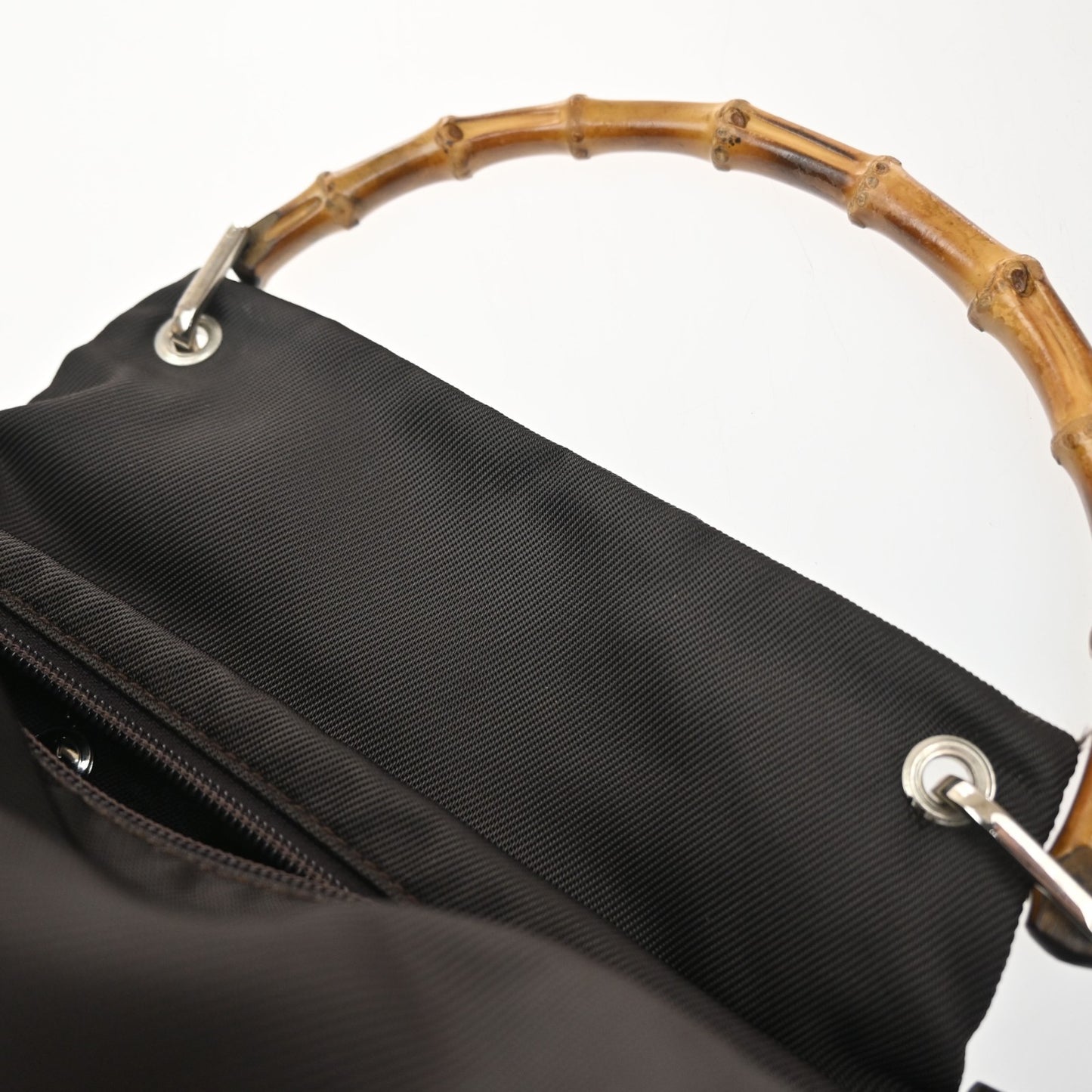 GUCCI Logo Bamboo Handle Tote Hand Bag Nylon Patent Leather Brown Italy 36MA661
