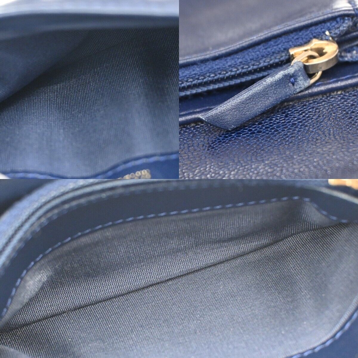 CHANEL CC Chanel boy Trifold Wallet Purse Caviar Skin Leather Navy Blue 34HB611