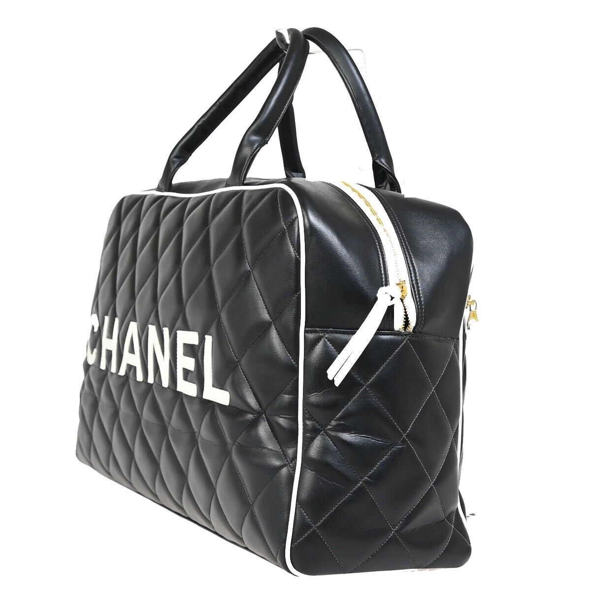 CHANEL CC Logo Matelasse Travel Hand Bag  Leather Black White GHW 847RF134