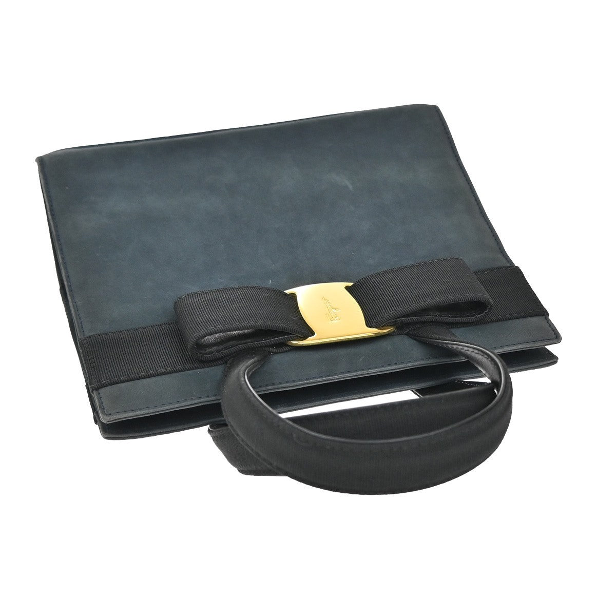 SALVATORE FERRAGAMO Vara Hand Bag Suede Leather Navy Blue Gold Italy 69KB383
