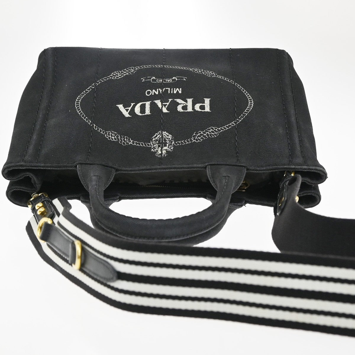 PRADA Logo Canapa 2way Shoulder Hand Bag Canvas Leather Black GHW 84MA216