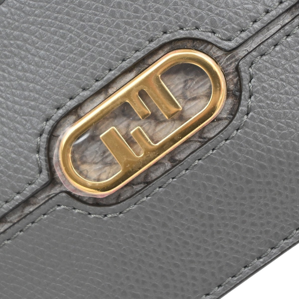 FENDI O' Lock Fragment Case Coin Wallet Purse Leather Grey Gold Italy 30KP201