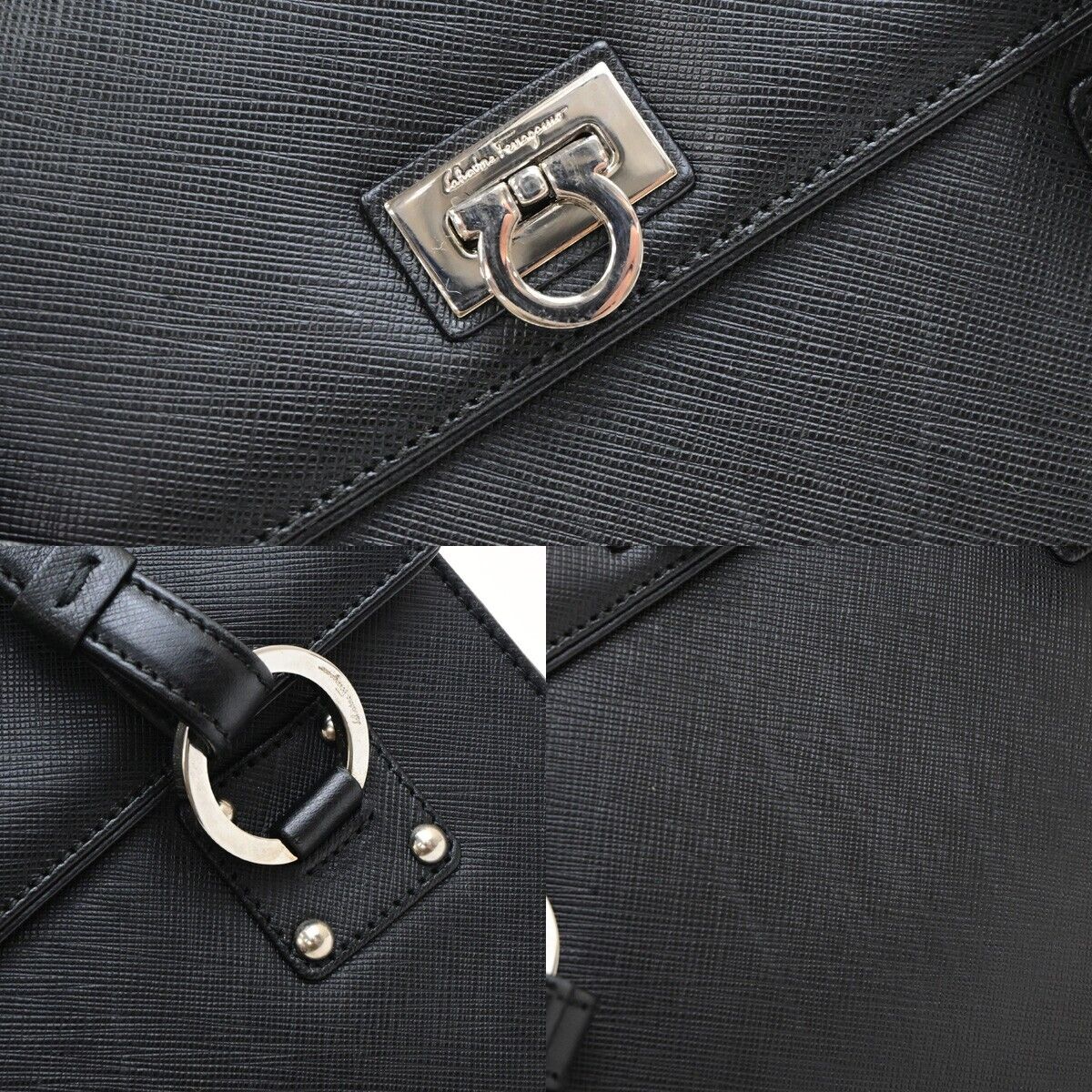 SALVATORE FERRAGAMO Gancini Hand Bag Leather Black Silver Made in Italy 62KA537