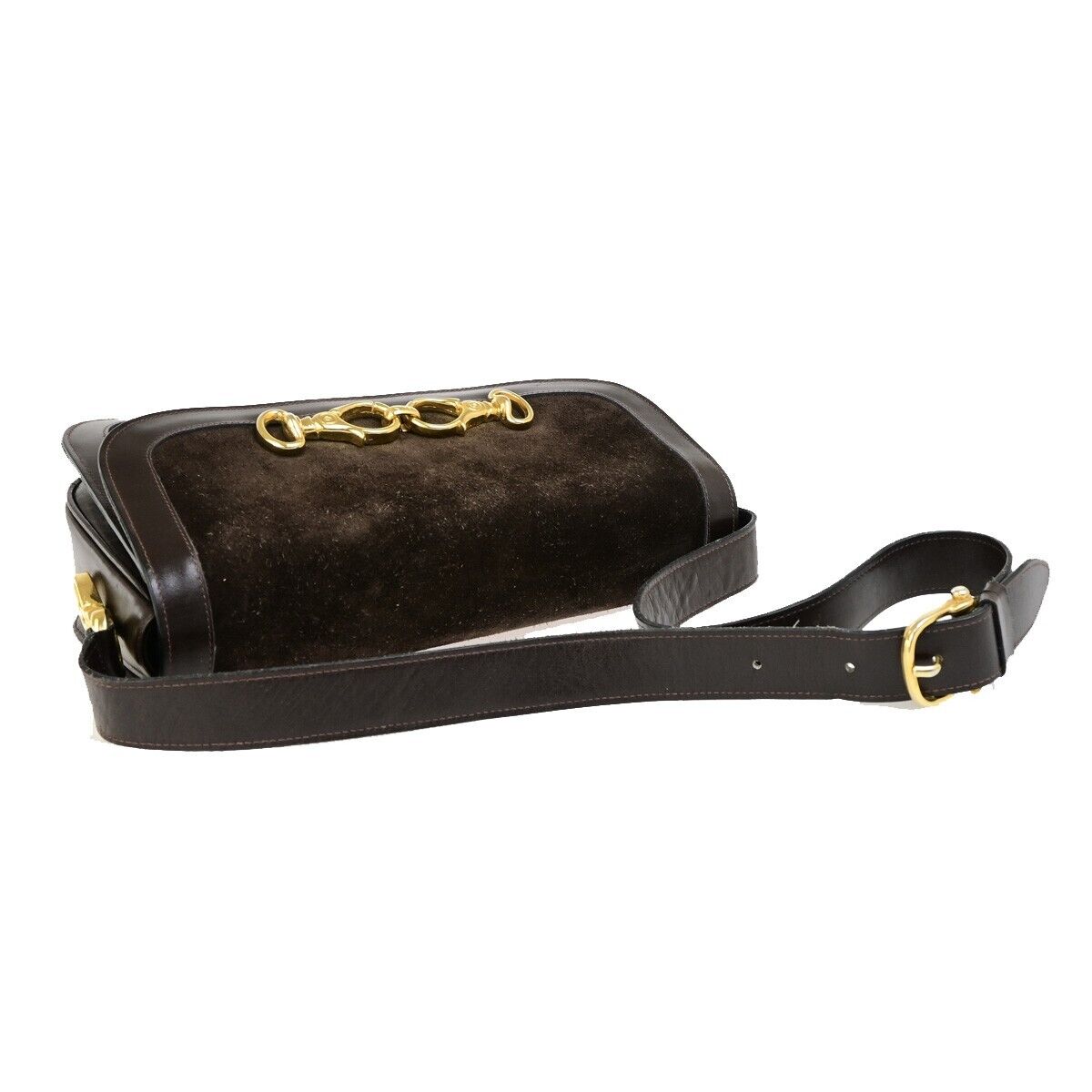 CELINE Logo Crossbody Shoulder Bag Suede Leather Brown GHW 63EC954